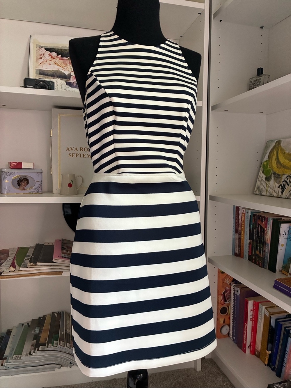 THE KOOPLES Navy and White Striped Sleeveless Mini Dress